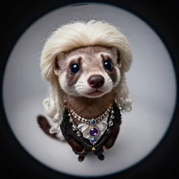 curved perspective, extreme narrow, extreme fisheye, digital art of a marten animal cartoon character wearing a wig a jewlery by anton fadeev from nightmare before christmas
