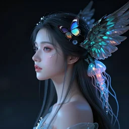 hyperrealism, night background, studio light, profile portrait of a goddess real girl face jellyfish phoenix butterfly crow wings, artwork by famous digital artists. octane render, trending on artstation, cinematic, hyper realism, high detail, octane render, 8 k