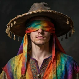 portrait of a man wearing a blindfold, rainbow colored tunic, wide brimmed hat with hanging tassels, fantasy, highly detailed, cinematic lighting, digital art painting by greg rutkowski