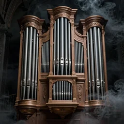 pipe organ album art, unreal engine 5 render, in the style of vincent di fate and goya and alan lee, intricate, hyper detailed, dark smoke, dramatic lighting