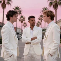 yuppies with white suits talking in a cellprov. 8 0's style. palm trees and pink sky in the background. art by krzysztof tanajewski
