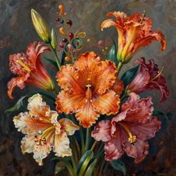 hyper detailed illustration like a Oil painting - a vivid exotic flower bouquet, long petals, huge blossoms, by Jacek Yerka, James Jean, Masterpiece, Edward Hopper and James Gilleard, Ross Tran, Mark Ryden, Wolfgang Lettl, hints of Yayoi Kasuma, surreal octane render, 8k