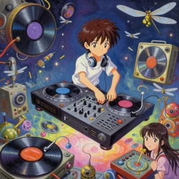 surreal gouache painting, by yoshitaka amano, by ruan jia, by Conrad roset, by good smile company, detailed anime 3d render of a magical  Vinyl Discos flying, DJ Mixer, deck   surrounded by Dragonfly ,flying discos , controller, portrait, cgsociety, artstation, rococo mechanical and Digital  and electronic, dieselpunk atmosphere
