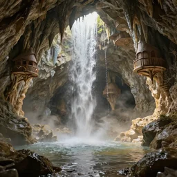beautiful flooding victorian caves, water flowing from side of rocks, crystals, treehouses, light dust, by peter mohrbacher dan mumford craig mullins nekro, cgsociety, pixiv, volumetric light, 3 d render