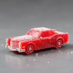 red sour candy in the shape of cadillacs, grainy exterior