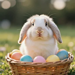 a 3 5 mm photo of a cute fluffy lop eared bunny sitting in an easter basket full of colorful easter eggs, bokeh, canon 5 0 mm, cinematic lighting, film, photography, golden hour, depth of field, award - winning
