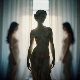 photography of asim female sculpture, models behind white curtains, dramatic light, cinestill, filmstill, bokeh, long exposure, god rays, magic hour