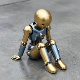 on the wet concrete floor sits one sad golden and blue metal humanoid steampunk robots wearing and gears and tubes, eyes are glowing red lightbulbs, shiny crisp finish, 3 d render, 8 k, insaneley detailed, fluorescent colors, background is backdoor entrance to a futuristic nightclub, nightlight