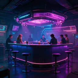 photo environment cyberpunk bar : 4, 4 k rtx hdr volume light concept studio matte painting environment digital illustration style cyberpunk 2 0 7 7 artstation, by artur tarnowski, by mihai muscan, by marta leydy, marcin stepien, charlotte hughes, zuzanna dabrowa, neon bioluminiscence