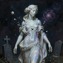 a holographic portrait of a gorgeous etherial female gothic cemetery statue breaking apart by Andrew Ferez, metaphysical painting, cosmic horror, octane render, trending on cgsociety, featured on zbrush central, grotesque, digital painting, vanitas, new sculpture, mystical