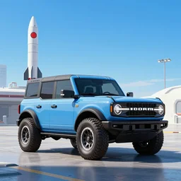 a beautiful, minimal. sharp focus, and immaculate new sky blue ford bronco at a futuristic spaceport. vaporwave ombre rendering. outrun style. rocket on the launch pad in the style of a travel poster. trending on artstation. recommended for you behance. by chris moore. by edward hopper. ambient occlusion. digital matte painting. metropolis filmic. gotham city.