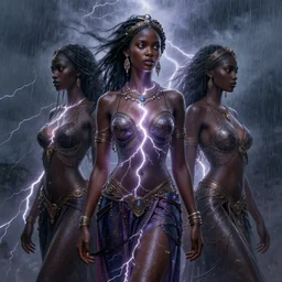 stunning congolese goddesses of lightning portrait, lightning, heavy rain, flash, wind, fantasy, intricate, elegant, highly detailed, digital painting, artstation, concept art, smooth, sharp focus, illustration, art by krenz cushart and artem demura and alphonse mucha and tony sandoval
