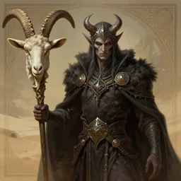 an undead desert lich, holding a goat head staff, deep focus, d & d, fantasy, intricate, elegant, highly detailed, digital painting, artstation, concept art, matte, sharp, illustration, hearthstone, art by artgerm and greg rutkowski and alphonse mucha