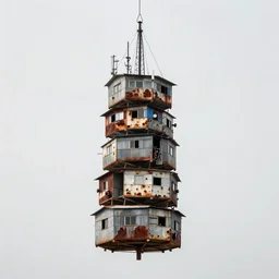 a suspended tower made up of makeshift squatter shacks with rusted metal facades, covered by antennas, mamiya, f 1 1, fully frontal view, uniform plain sky, photographed by julie blackmon