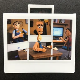 Animators in studio animating the new sherek movie in stopmotion, polaroid photo, color photo