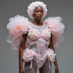 a brown - skinned woman wearing a candy floss armor. super detailed. layered. textured. award winning. refracted lighting. fragile. by ray caesar. by louise dahl - wolfe, by andrea kowch.