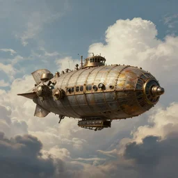 a beautiful realism painting of a steampunk airship in the sky, cumulus clouds, cinematic