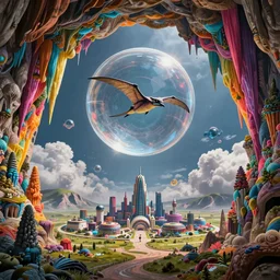 a ultra - realistic massive volume cave : 5, ; bright coloured natural stalactites : 1 ; miniature futuristic city : 7, open plains : 2, mysterious clouds : 2, highly symmetrical, a pterodactyl flying in a huge perfect glass sphere, octane render hd, 4 k, ultra - realistic, in unreal engine, trending on artstation, concept art