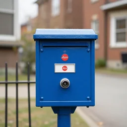 A blue letter box in a old neighborhood, mid day, realistic shot, taken with a Leica camera, bokeh