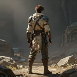 an intricate concept art of a explorer nomad man standing, full body shot, back - view, anime style, global illumination, digital art, photorealistic movie still, style ivan talavera and artgerm, hyper realistic, photorealistic, octane render, trending on artstation, cgsociety, cinematic light, 8 k