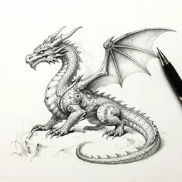 pen and ink sketch, steam punk dragon