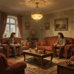the interior of a German living room. The mood is warm and friendly. dungeons and dragons style. highly detailed, digital painting, artstation, concept art, sharp focus, illustration, art by Josh kirby and John romita jr and moebius