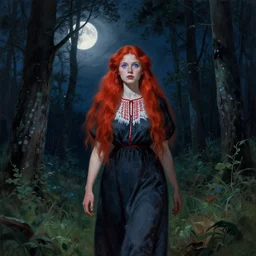 girl with red hair and blue eyes. walking in the forest at night. full moon. folk horror. hyper detailed. soviet propaganda socialist realism
