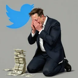 Artistic rendering of Elon Musk on his knees crying over losing quarter of his wealth over Twitter debacle