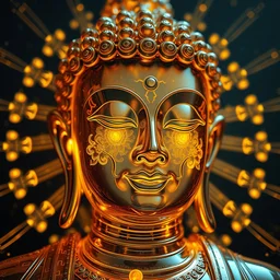 a victo ngai and geof darrow art work. a close up view of a clear face sci - fi chinese buddha statue. ultra clear detailed. golden rays