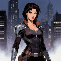 portrait of female sci - fi biker, cityscap background, beautiful! coherent! by brom, by brian froud, deep color, strong line, high contrast