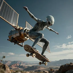 Grey alien on a skateboard grinding on a satellite hyper-realistic far away shot bad camrea