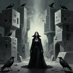 crows at a architectural complex with ana occult witch by Android Jones and M. C. Escher collaboration, futurist, digital art, dramatic lighting