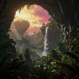 a beautiful render of a dark prehistoric rainforest in a humongous cave, lush flora, patches of yellowish - red - magenta sky, sunset lighting, floating mountains and a waterfall in the background, intricate detail, hazy, humid, volumetric lighting, god rays, 8 k, photorealistic, raytracing effects, unreal engine 5