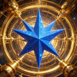 a giant blue star inside a golden artificial megastructure, highly detailed artwork, centred, photorealist digital art