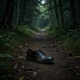 a shoe on a path in the middle of a forest, dark, unreal engine