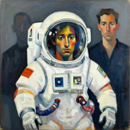 abstract expressionist portrait of a space mechanic in the style of frank cho, casey baugh and james jean