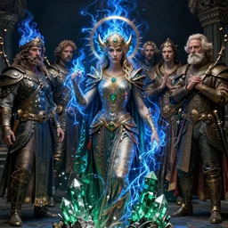 the female arcanist and the male artificer by zacharias aagaard and albert bierstadt and gerald brom and james gilleard and wayne barlowe and marc simonetti and jean delville, beautiful, robes, highly detailed, hyperrealistic, intricate, energy, electricity, blue flame, low light, green crystal, high contrast