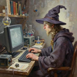fantasy oil painting, side view of wizard sitting at his computer, typing on a keyboard, in a cluttered science lab, wrinkled wizard hat, books, crt, hardware, alchemy, extremely detailed, book cover illustration, readability, impasto, sharp focus, bright