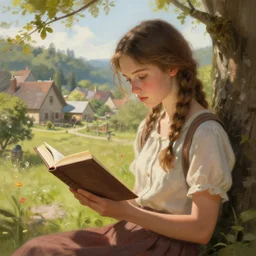 village girl reading a book, highly detailed, digital painting, artstation, concept art, illustration, art by artgerm and Johfra Bosschart