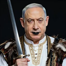 insanely detailed portrait of benjamin netanyahu, oriental clothing, feathers, laces, holding sword, black lipstick, colorful striped background, rich colors, vibrant colors, outlines, vibrant color palette, by yoshitaka amano
