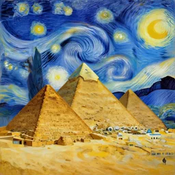 painting of pyramids of Giza in style of starry night