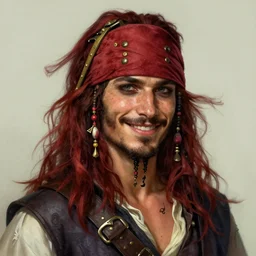 portrait of a young ruggedly handsome but joyful pirate, faint freckles, male, masculine, upper body, red crimson crimson deep red hair, long long flowing hair, fantasy, proud smirk, intricate, elegant, highly detailed, digital painting, artstation, concept art, matte, sharp focus, illustration, art by artgerm and greg rutkowski and alphonse mucha