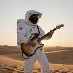 astronaut playing an electric guitar in the desert during sunset, golden hour, cover art