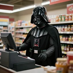 film still of Darth Vader working as a cashier at a grocery store in the new Star Wars movie, 4k
