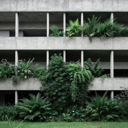 brutalist concrete building with exuberant vegetation, gloom, provia, velvia