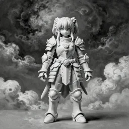 By Tom Bagshaw, ultra realist soft painting of an steampunk anime porcelain miniature fully armored figurine, curiosities carnival, symmetry accurate features, very intricate details, ominous sky, black and white, volumetric light clouds