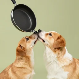 a dog kissing a flying frying pan