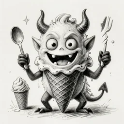 a Pop Wonder scary horror themed goofy-hilarious-character-ice-cream-spirit-demon, dime-store-comic drawn with charcoal and pen and ink, half-tone-line-stacking