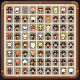 game level selection screen, grid, hilbert - curve, 2 d sprite, art deco era gangsters, chibi animals, chibi pirates