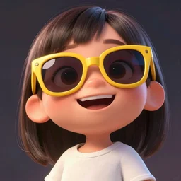 a painting of cute Asian girl smiling, yellow sunglasses, in the style of Pixar animation, low angle view, 16mm lens, award winning, hyper detailed, dramatic lighting, artstation, octane renderer, unreal engine